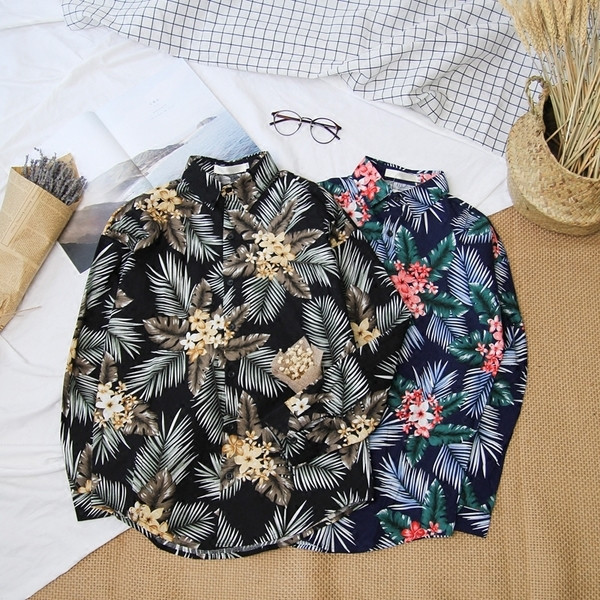 Мъжка риза с дълъг ръкав с флорален мотив в свободен стил два цвята