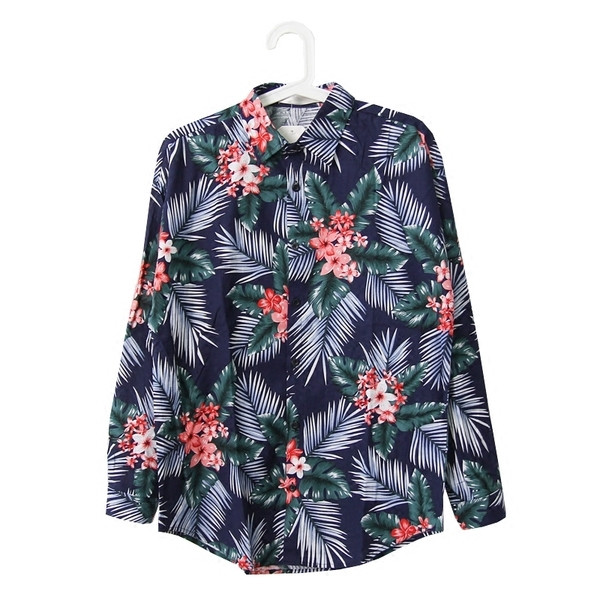 Мъжка риза с дълъг ръкав с флорален мотив в свободен стил два цвята