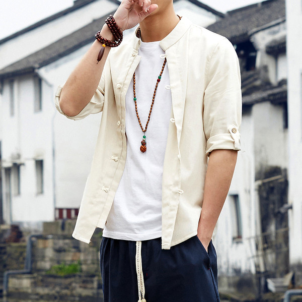 Мъжка риза с О-образна яка с 3/4 ръкав - няколко цвята