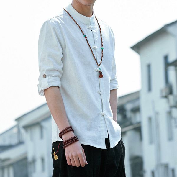 Мъжка риза с О-образна яка с 3/4 ръкав - няколко цвята