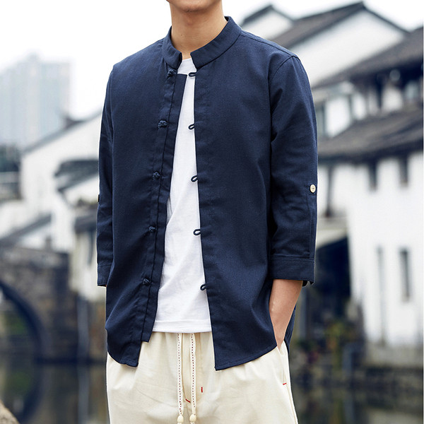 Мъжка риза с О-образна яка с 3/4 ръкав - няколко цвята