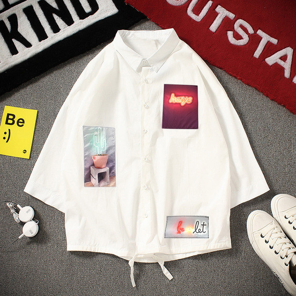 Мъжка риза с апликация в свободен стил бял и черен цвят