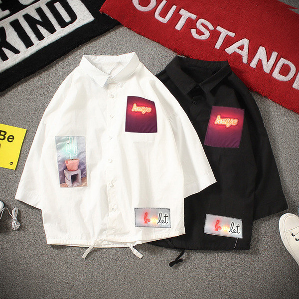 Мъжка риза с апликация в свободен стил бял и черен цвят