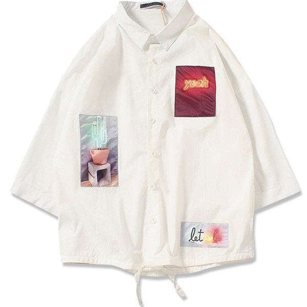 Мъжка риза с апликация в свободен стил бял и черен цвят