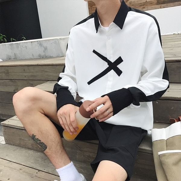 Cămașă elegantă pentru bărbați, cu mâneci lungi, în alb și negru