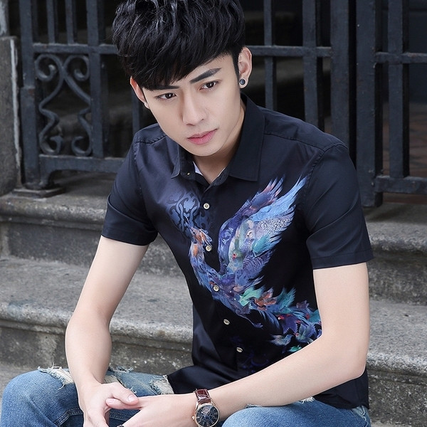 Ανδρικό πουκάμισο με  κοντό μανίκι  με εκτύπωση - τρία χρώματα