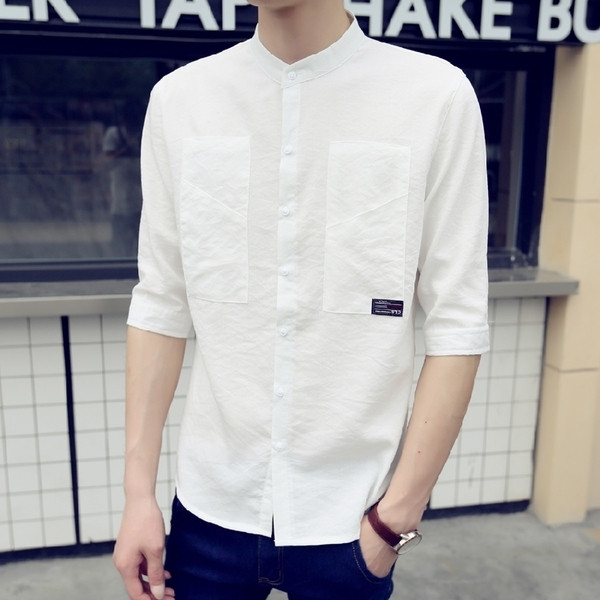 Cămașă bărbătească elegantă cu mâneci 3/4 cu buzunare în alb și gri