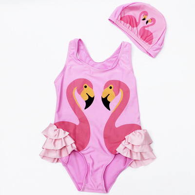 Стилен цял детски бански за момичета в розов и черен цвят с принт