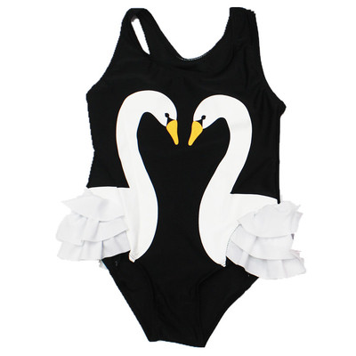 Стилен цял детски бански за момичета в розов и черен цвят с принт