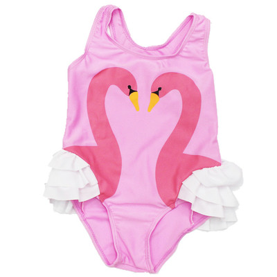 Стилен цял детски бански за момичета в розов и черен цвят с принт