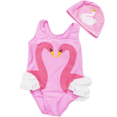 Стилен цял детски бански за момичета в розов и черен цвят с принт