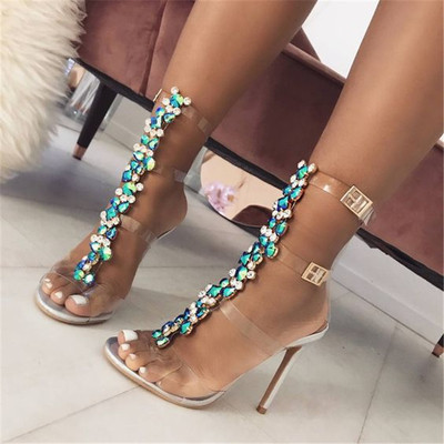 New 2018! Hit women`s high-heeled sandals with transparent straps and decorative stones