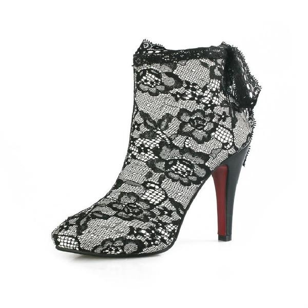 Κομψά γυναικεία παπούτσια με ψηλά τακούνια σε λευκό και μαύρο με δαντέλα και κορδέλα