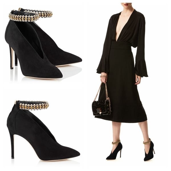 Κομψά και απαλά γυναικεία παπούτσια με ψηλά τακούνια - ημιυπαίθρια και αιχμηρά, σε μαύρο και μπεζ χρώμα με λωρίδα διακόσμησης πέ