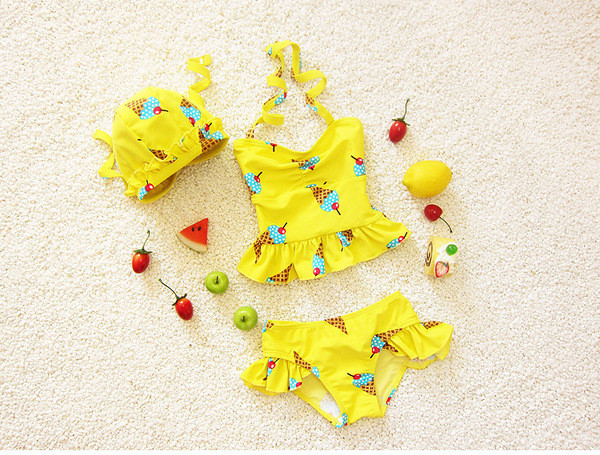 Costum de baie pentru fete nou pentru copii în trei părți în galben și roz cu imprimeu