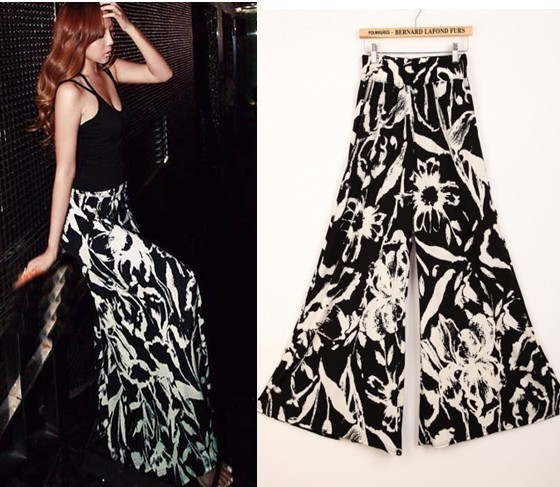 Pantaloni eleganti de dama, model lat, cu motiv floral colorat