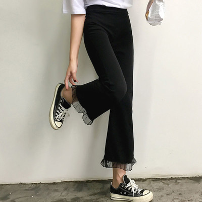 Κομψά γυναικεία παντελόνια με ψηλή μέση με δαντέλα σε μαύρο χρώμα