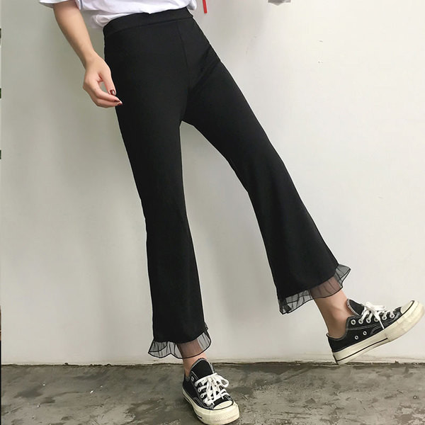 Pantaloni eleganti de dama cu talie inalta si dantela neagra