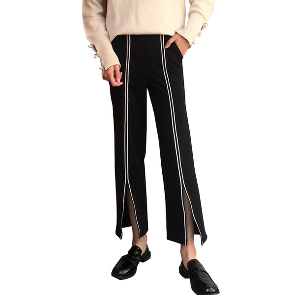 Pantaloni casual de damă cu talie înaltă, cu fante în negru