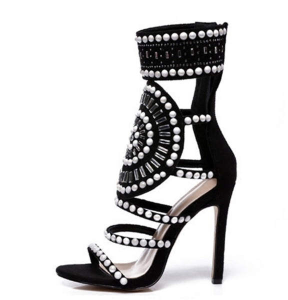Nou 2018 Sandale dama cu toc inalt cu pietre decorative, in negru si bej