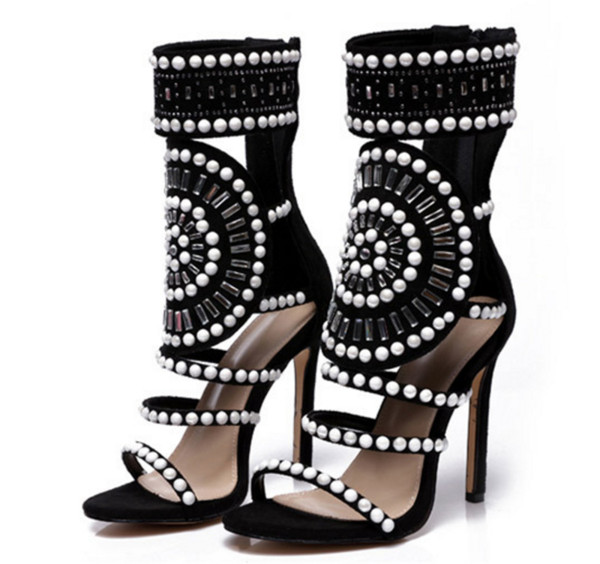 Nou 2018 Sandale dama cu toc inalt cu pietre decorative, in negru si bej