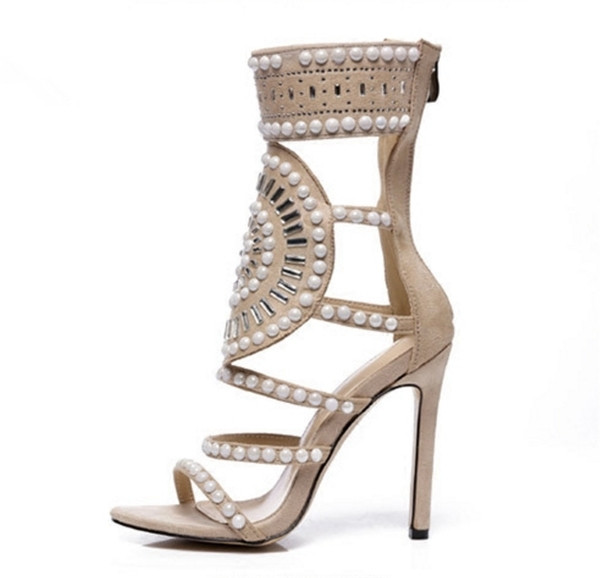 Nou 2018 Sandale dama cu toc inalt cu pietre decorative, in negru si bej