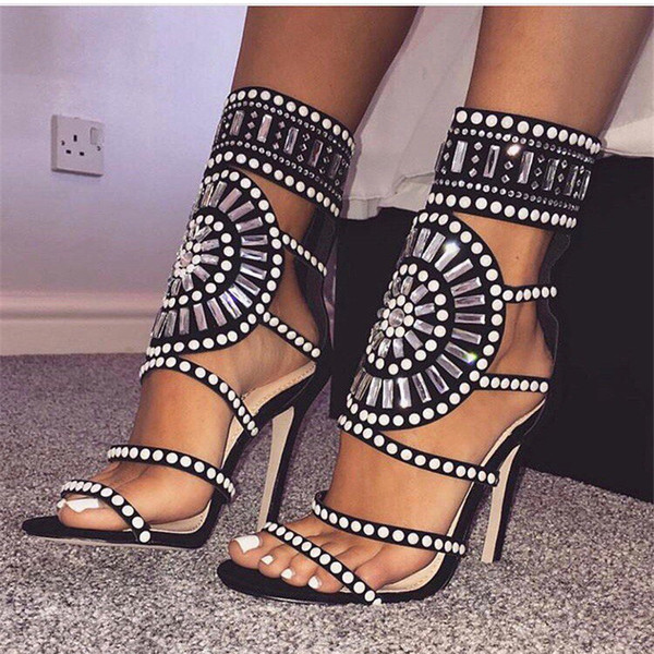 Nou 2018 Sandale dama cu toc inalt cu pietre decorative, in negru si bej