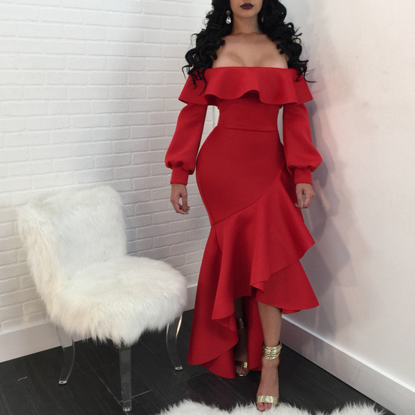 Rochie de dama eleganta si casual cu maneci lungi si umerii goi cu volane in albastru si rosu