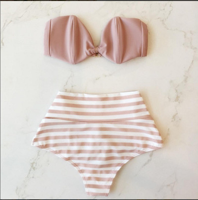 Finom női fürdőruha két részből - csíkos bikini magas derékkal és felsővel