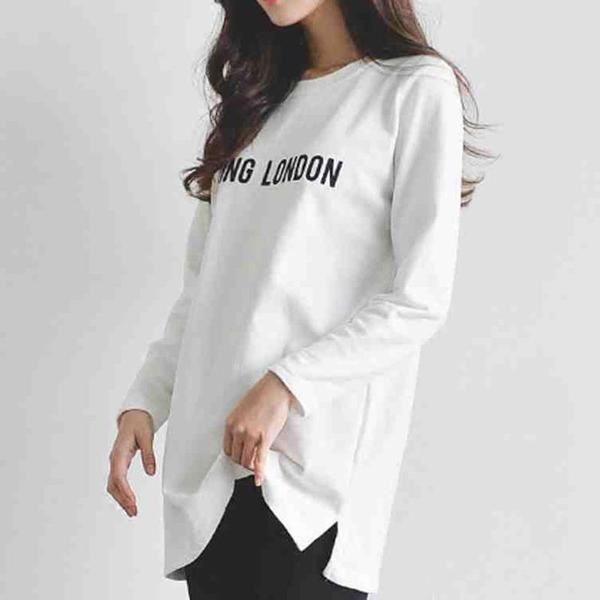 Bluză lungă de damă cu decolteu O și inscripție albă