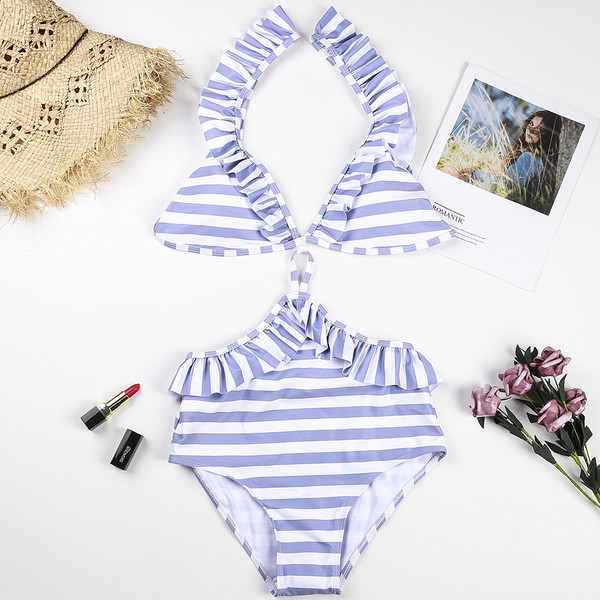 2018! Nou Costum de baie de damă în două părți cu dungi cu volane