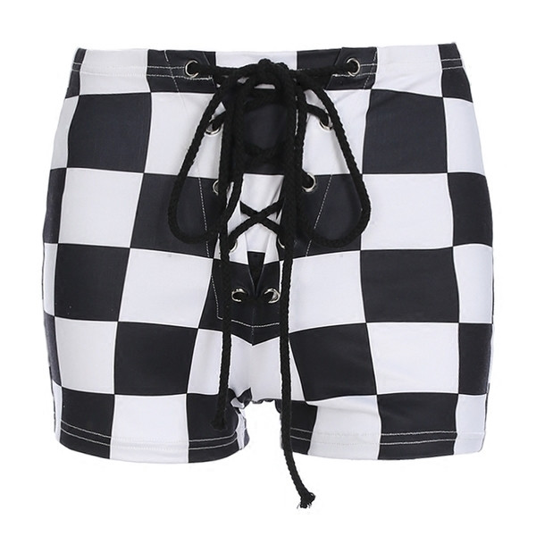 Pantaloni scurti de dama cu carouri cu talie inalta si cravate