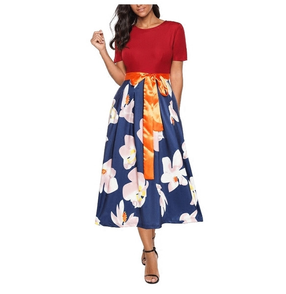 Γυναικείο φόρεμα μακρύ μανίκι και υψηλή μέση σε διάφορα χρώματα με floral μοτίβα