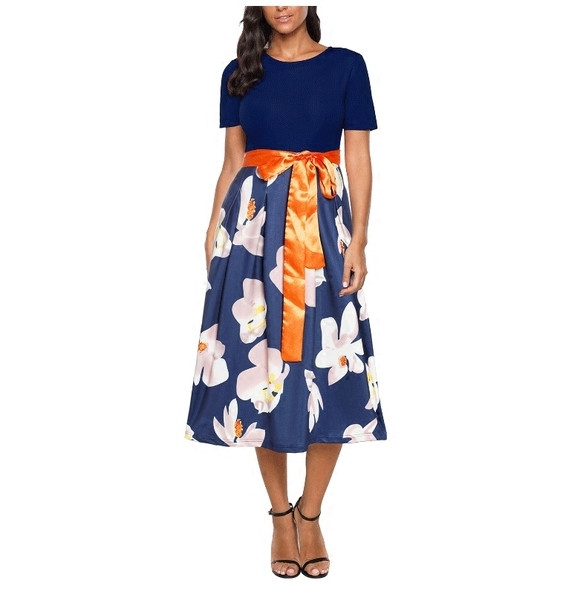 Γυναικείο φόρεμα μακρύ μανίκι και υψηλή μέση σε διάφορα χρώματα με floral μοτίβα