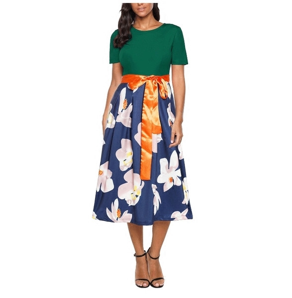 Γυναικείο φόρεμα μακρύ μανίκι και υψηλή μέση σε διάφορα χρώματα με floral μοτίβα