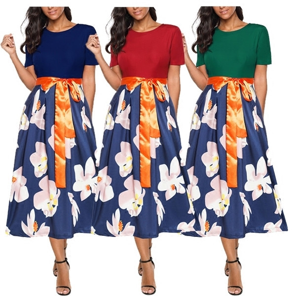 Γυναικείο φόρεμα μακρύ μανίκι και υψηλή μέση σε διάφορα χρώματα με floral μοτίβα