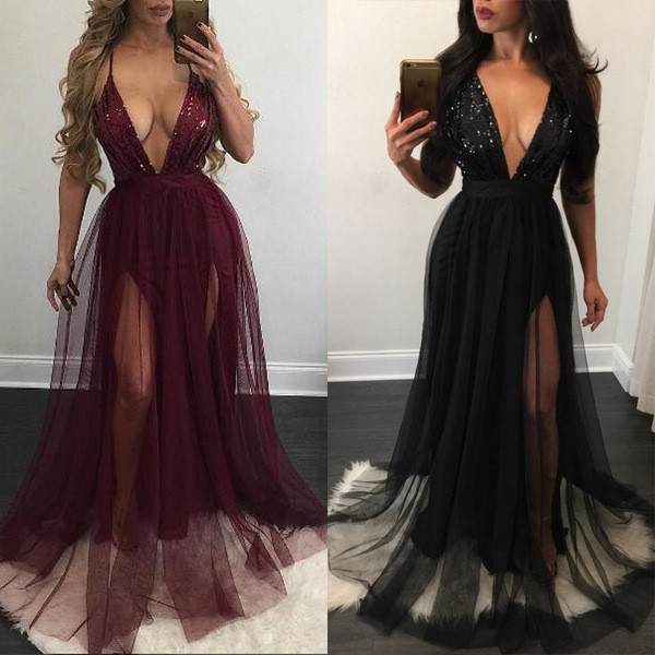 Rochie elegantă de damă, cu decolteu în V adânc și fante laterală