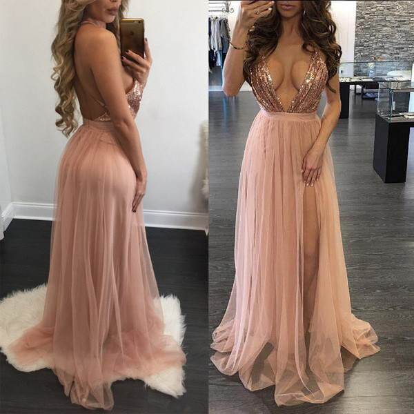 Rochie elegantă de damă, cu decolteu în V adânc și fante laterală