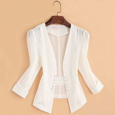 Elegant women`s short jacket with pearl decoration in white and black