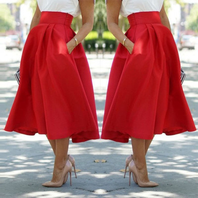 Дамска класическа пола с висока талия и джобове в два цвята