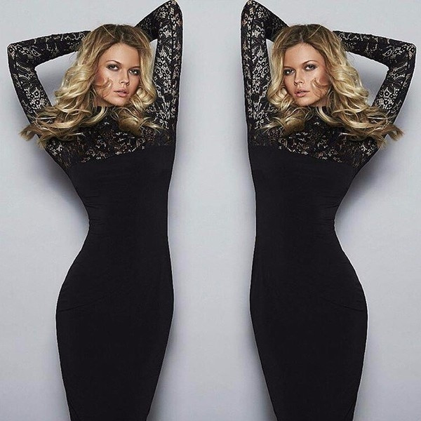 Rochie de dama model nou pe corp cu maneci si decolteu din dantela