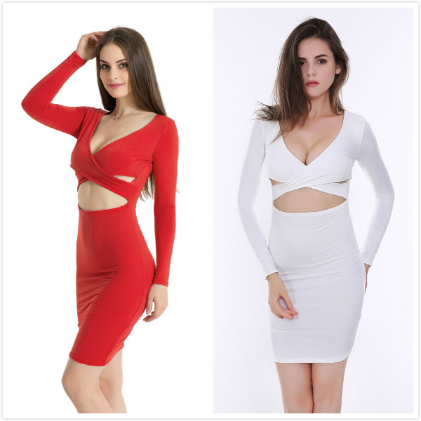 Σέξυ γυναικείο φόρεμα με V-neck και μακρύ μανίκι σε διάφορα χρώματα