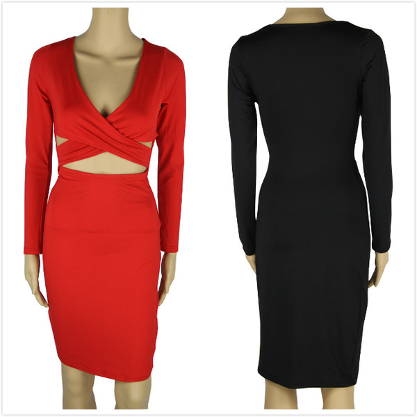 Σέξυ γυναικείο φόρεμα με V-neck και μακρύ μανίκι σε διάφορα χρώματα