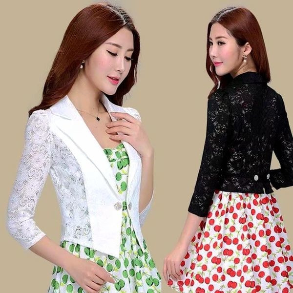 Geaca eleganta din dantela cu maneci 3/4 in alb si negru