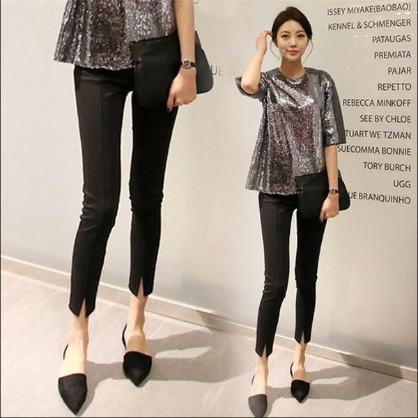 Jambiere de damă modernă cu margine decorativă și fante în negru