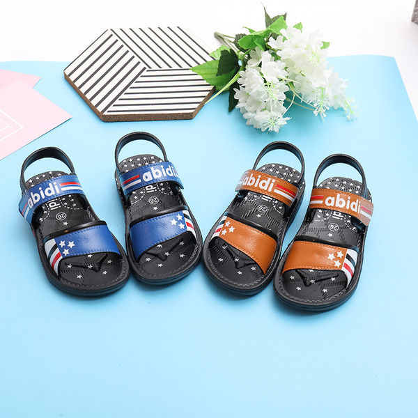 Sandale pentru copii din piele ecologica cu inscriptie in trei culori - negru, albastru si maro pentru baieti