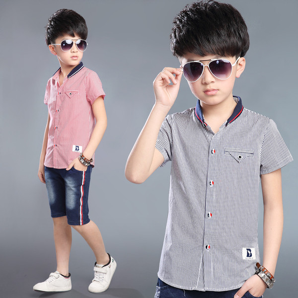 Cămașă modernă pentru copii în dungi pentru băieți cu guler în formă de V în două culori