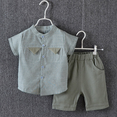 Модерен детски комплект за момчета от две части-раирана риза+шорти  в два цвята