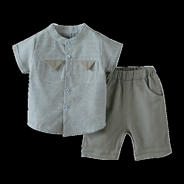 Set copii modern pentru baieti in camasa cu dungi + pantaloni scurti in doua culori