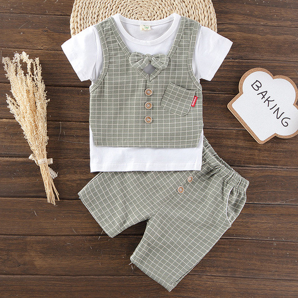 Set copii modern pentru baieti in doua parti - tricou cu imitatie vesta + pantaloni in doua culori